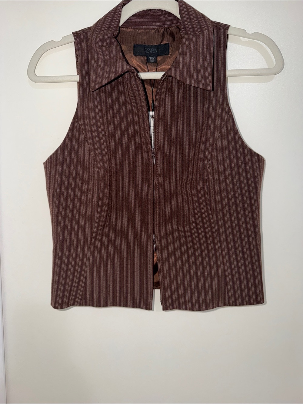 NWT Zara Brown Pinstripe Sleeveless double Zip-Front Collared Vest top | S